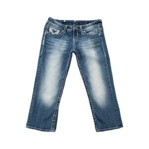 Vigoss Women's The Chelsea Capri‎ Size 7/8 Blue Denim Heavy Stitch Embellished